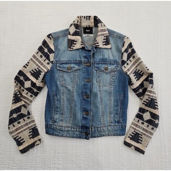 BDG Women's Denim Jean Jacket Small Petite Southwestern Aztec Tapestry Sleeves - Picture 1 of 14